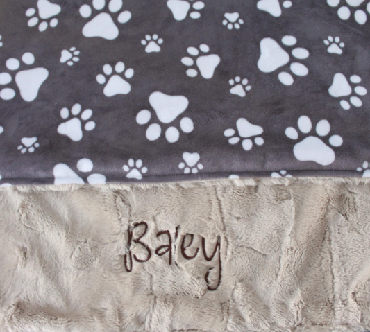 Gray Paw Print Personalized Dog Minky Blanket