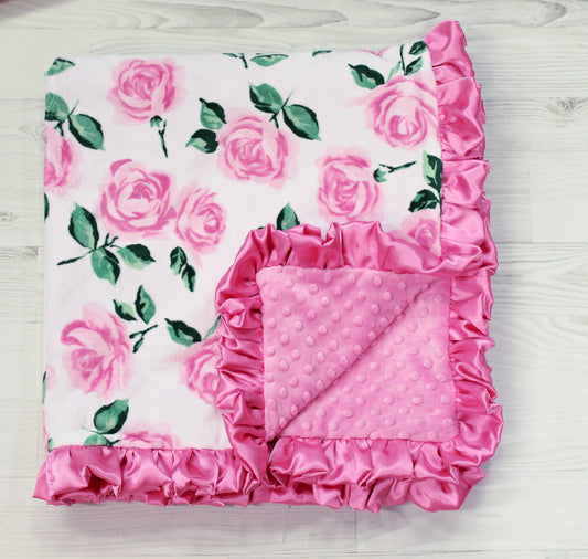 Vintage Rose Ruffle Minky Baby Blanket