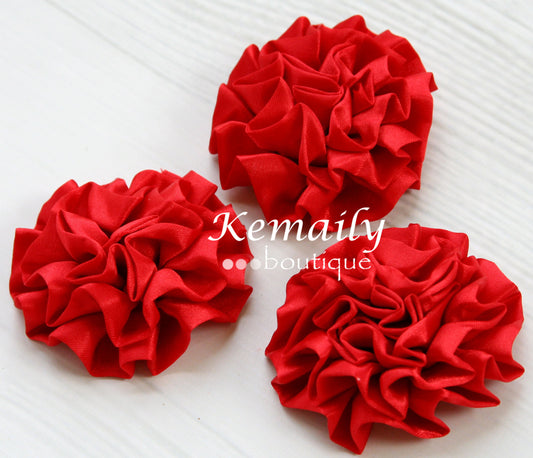 Set of 3 Red Satin Puff Rolled Rosette Flowers