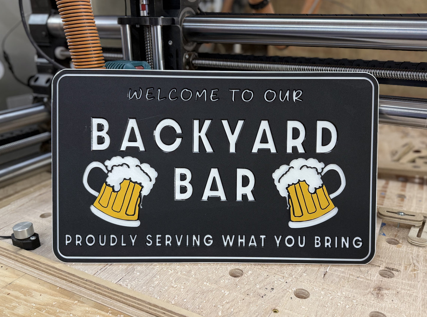 Welcome to our backyard bar multi layered engraved plastic sign