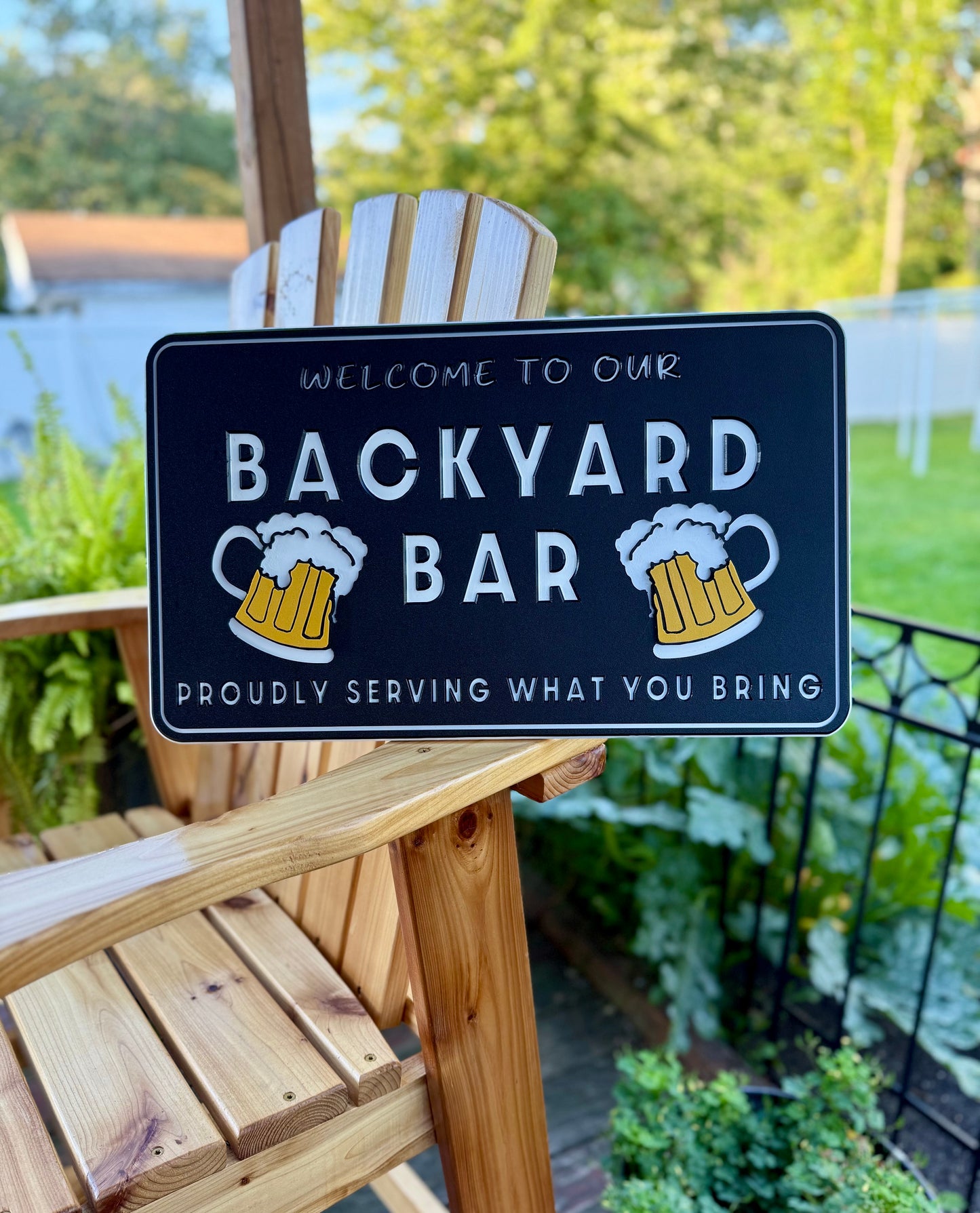 Welcome to our backyard bar multi layered engraved plastic sign