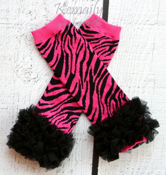 Dark Pink Ruffle Zebra Chiffon Ruffle Leg Warmers