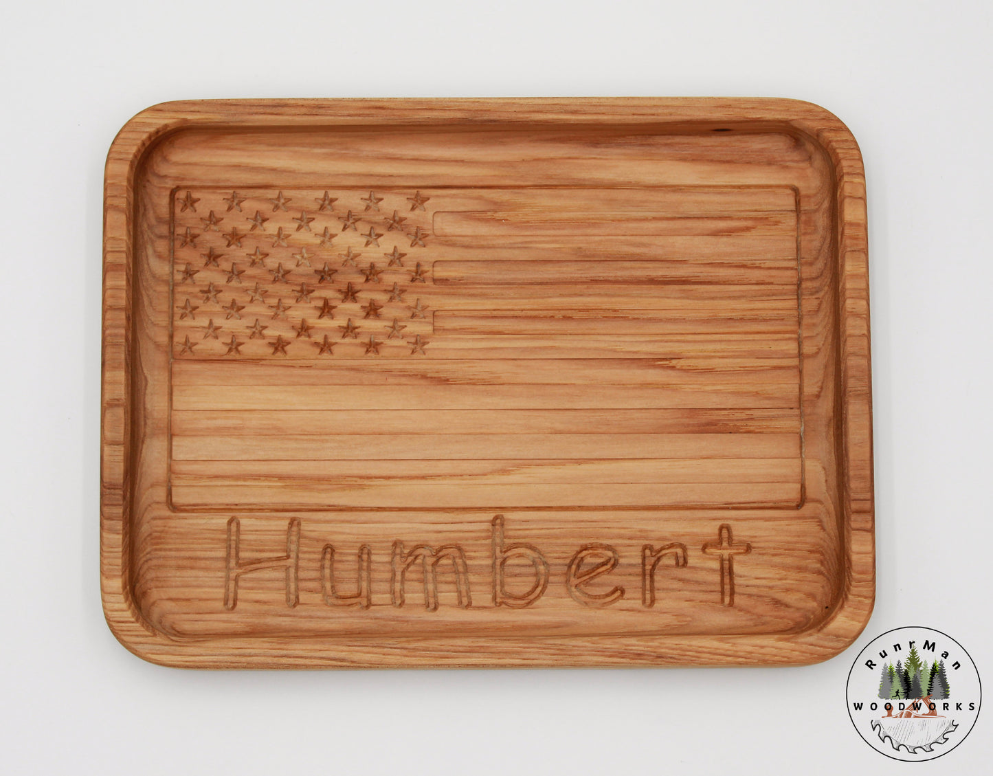 Custom Name Hickory Handcrafted Wood Tray, Wooden Flag Desk Organizer