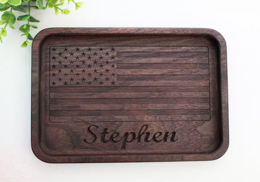 Custom Name Walnut Handcrafted Wood Tray, Wooden Flag Desk Organizer