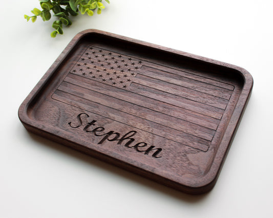 Custom Name Walnut Handcrafted Wood Tray, Wooden Flag Desk Organizer