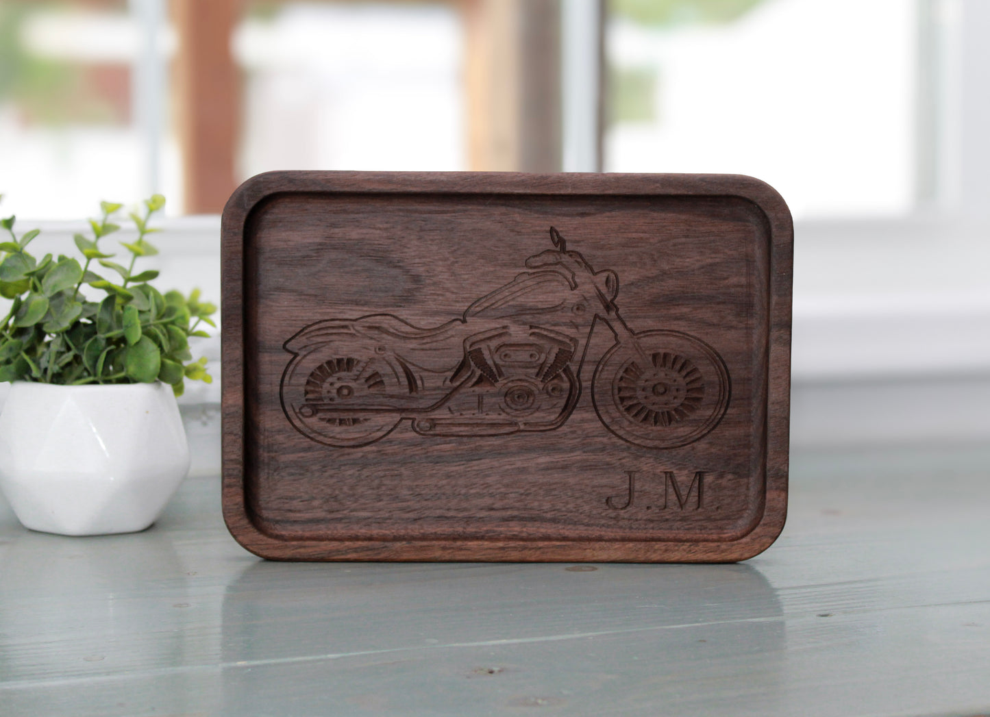 Personalized Engraved Catchall Wood Tray for him, Walnut Wooden Motorcycle Desk Organizer, Personalized Biker Tray