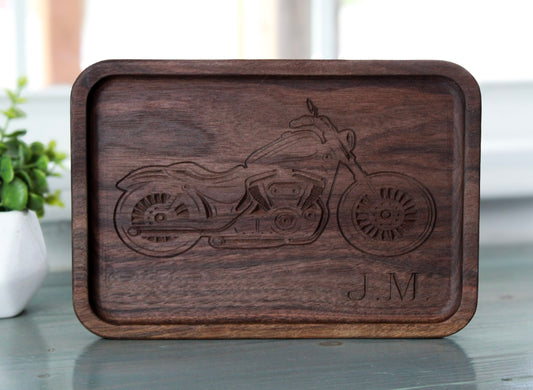 Personalized Engraved Catchall Wood Tray for him, Walnut Wooden Motorcycle Desk Organizer, Graduation Gift, Personalized Biker Tray