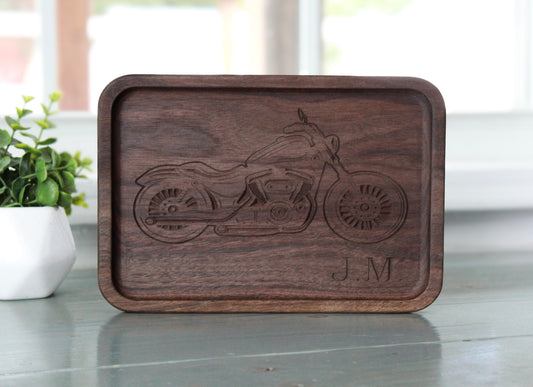Personalized Engraved Catchall Wood Tray for him, Walnut Wooden Motorcycle Desk Organizer, Personalized Biker Tray