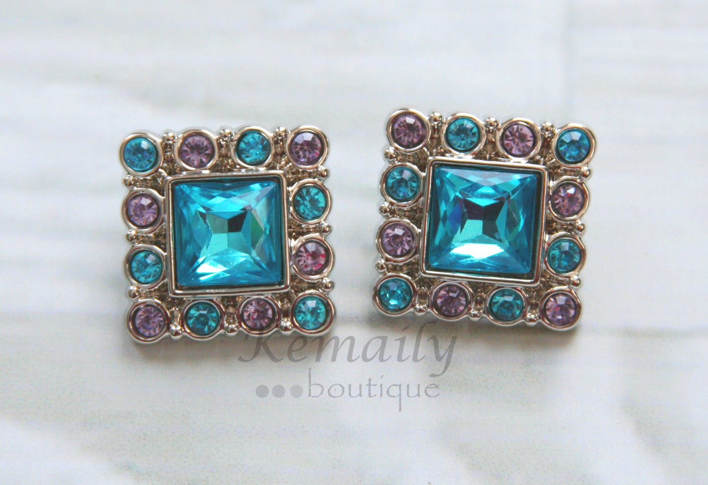 Turquoise and Lavender Square Acrylic Rhinestone Buttons 28mm