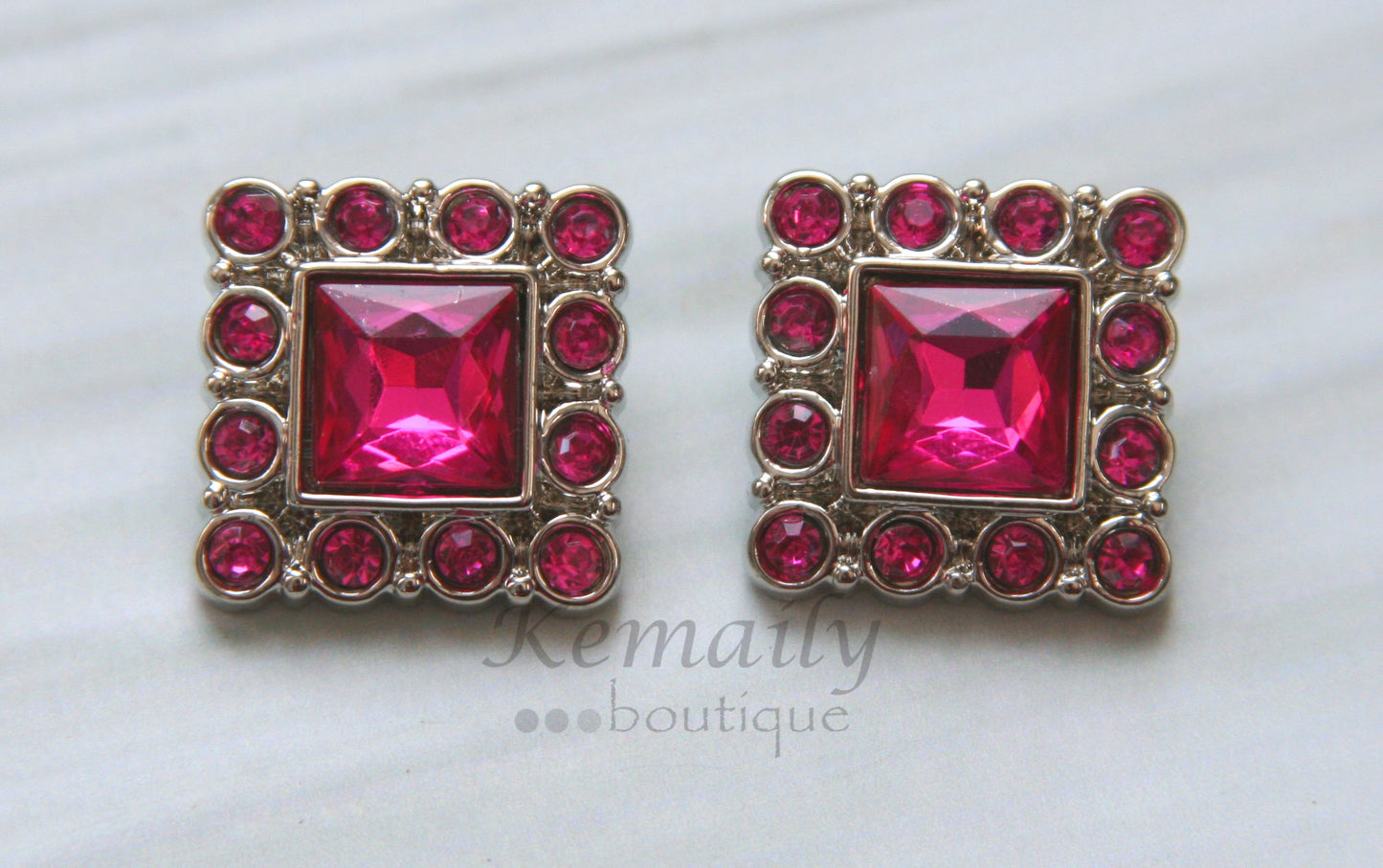 Hot Pink Square Acrylic Rhinestone Buttons 28mm
