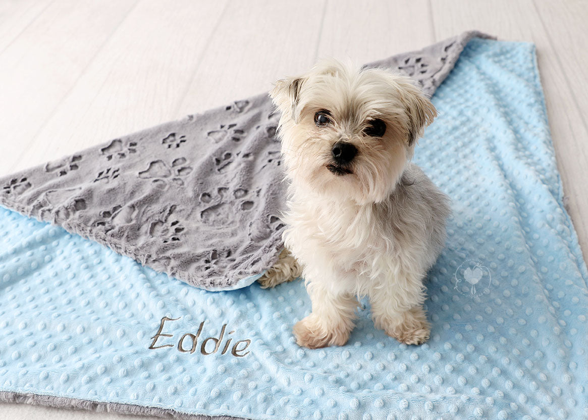 Gray Embossed Paw Minky Personalized Pet Blanket