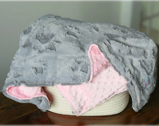 Pet Blanket, Gray Embossed Paw Print Personalized Minky Blanket