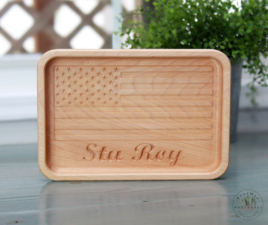 Custom Name Maple Handcrafted Wood Tray, Wooden Flag Desk Organizer