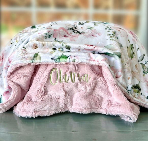 Personalized Baby Blanket, Pink Floral Minky Baby Girl Blanket