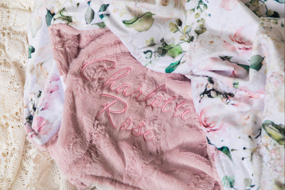 Pink Floral Baby Blanket for Baby Shower Gift | Personalized Minky Keepsake | Custom Name Blanket | Wildflower Nursery Decor