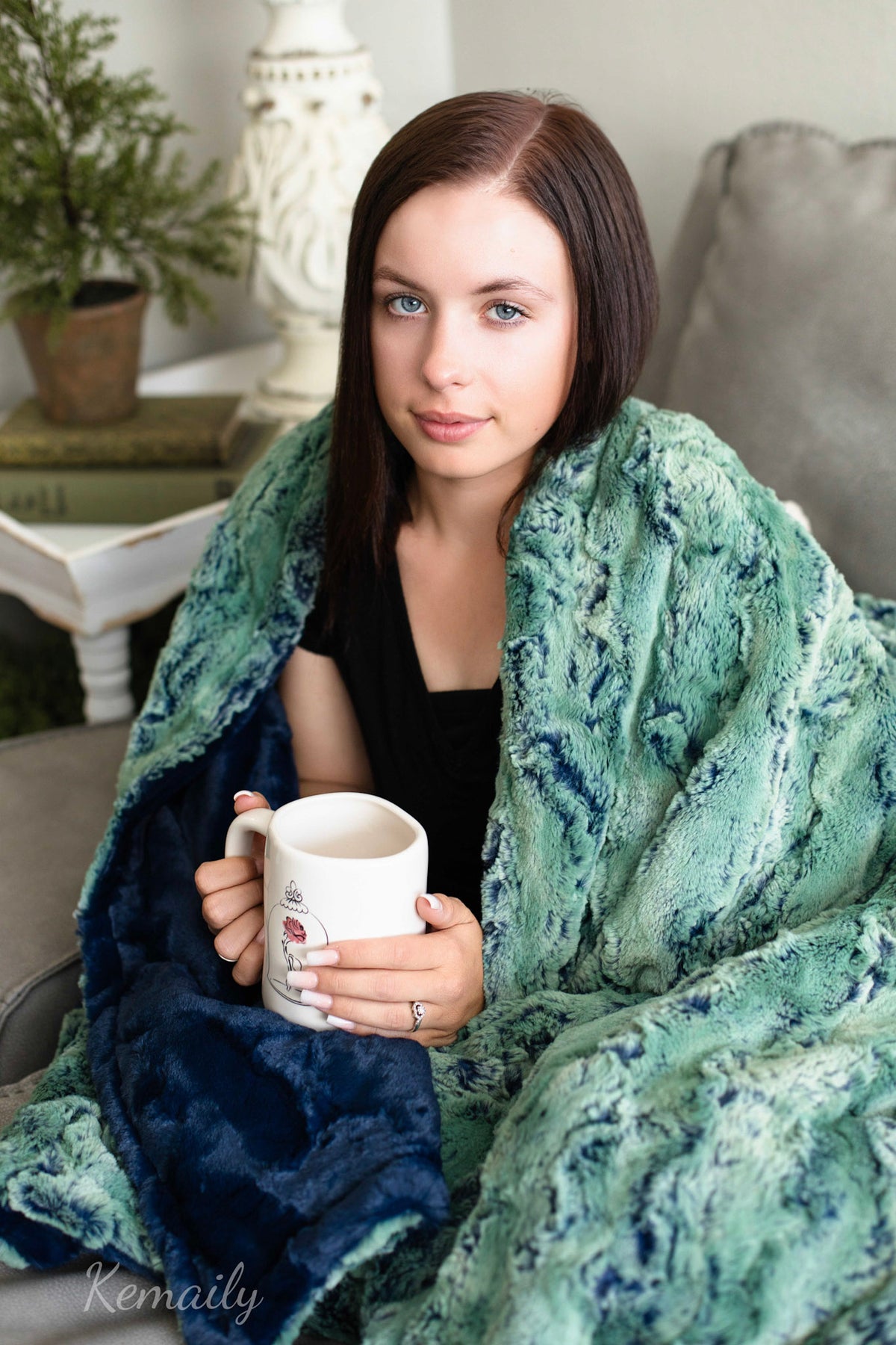 Green Wild Rabbit luxury minky adult blanket with plush faux fur texture handmade by Kemaily