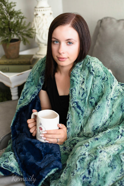 Green Wild Rabbit luxury minky adult blanket with plush faux fur texture handmade by Kemaily