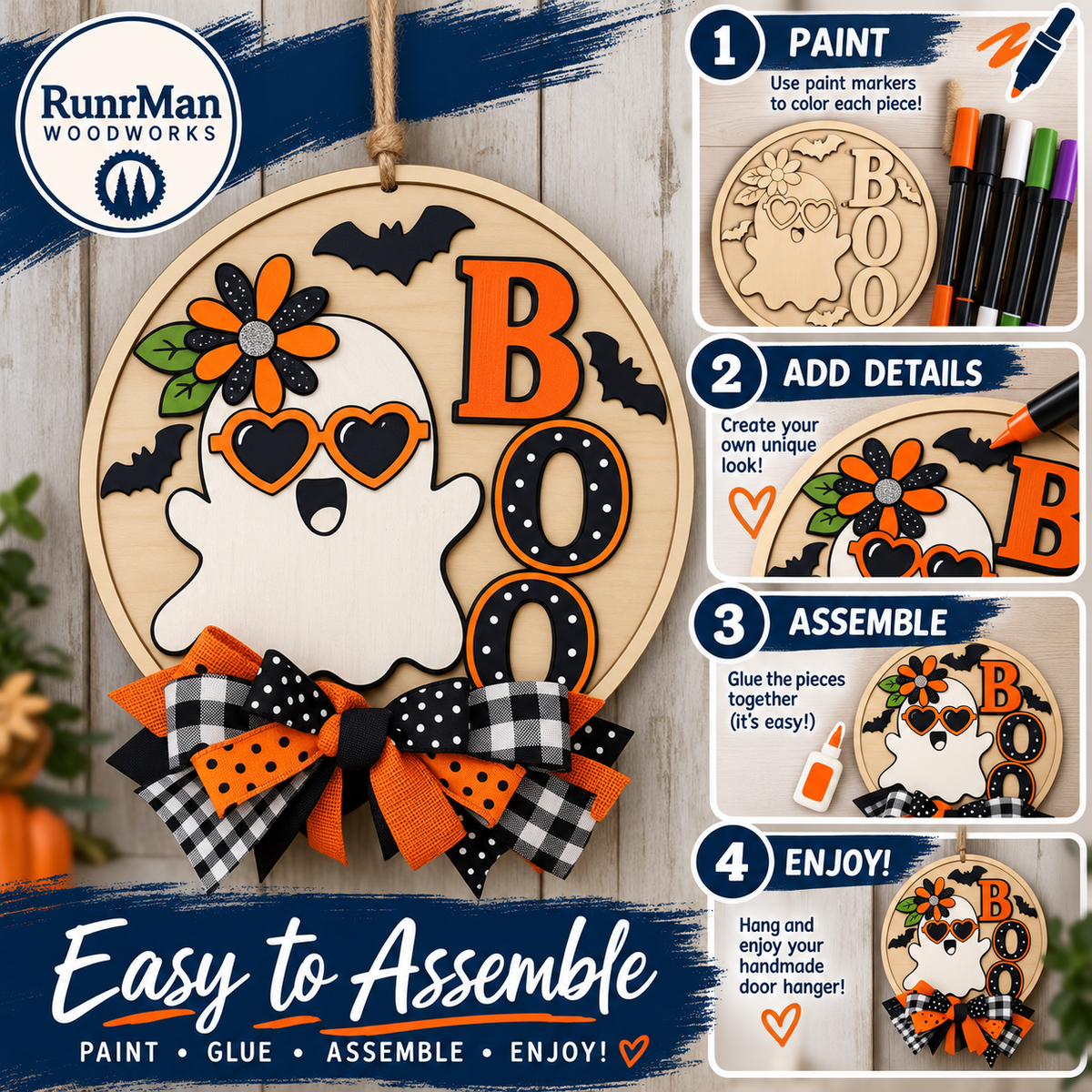 BOO HEY Ghost Halloween Door Hanger DIY Kit | Paint Your Own Wood Craft