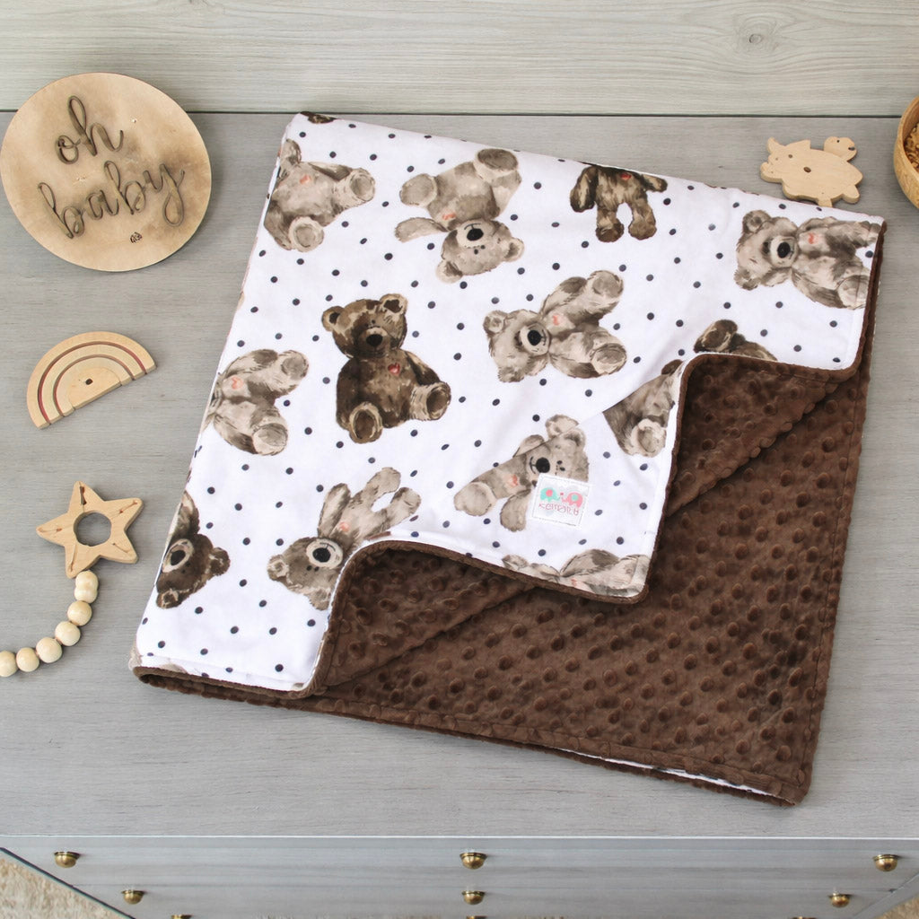 Neutral Teddy Bear Minky Baby Blanket
