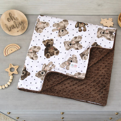 Neutral Teddy Bear Minky Baby Blanket