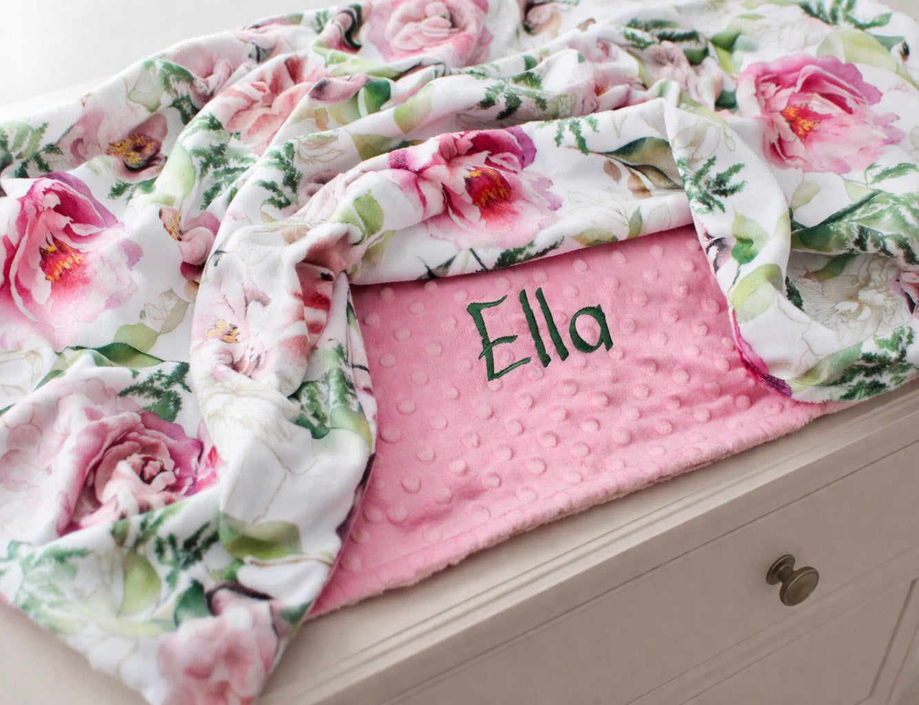 Personalized Spring Floral Baby Blanket – Pink Minky Custom Name Blanket for Girls
