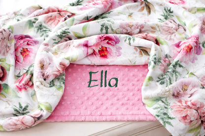 Personalized Spring Floral Baby Blanket – Pink Minky Custom Name Blanket for Girls