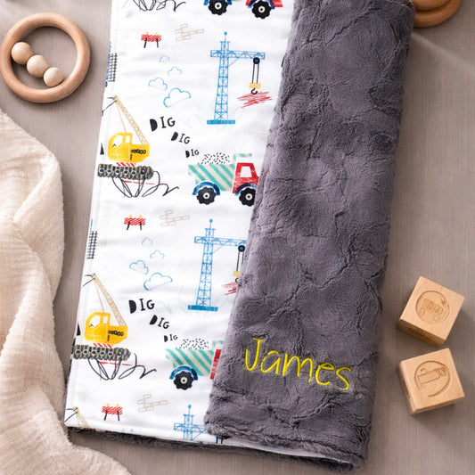 Personalized Construction Baby Blanket with Name | Dump Truck Minky Blanket