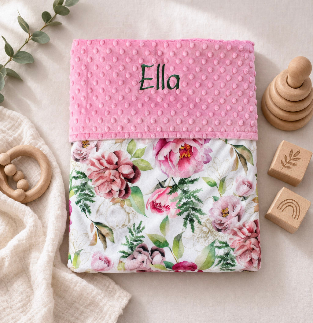 Personalized Spring Floral Baby Blanket – Pink Minky Custom Name Blanket for Girls