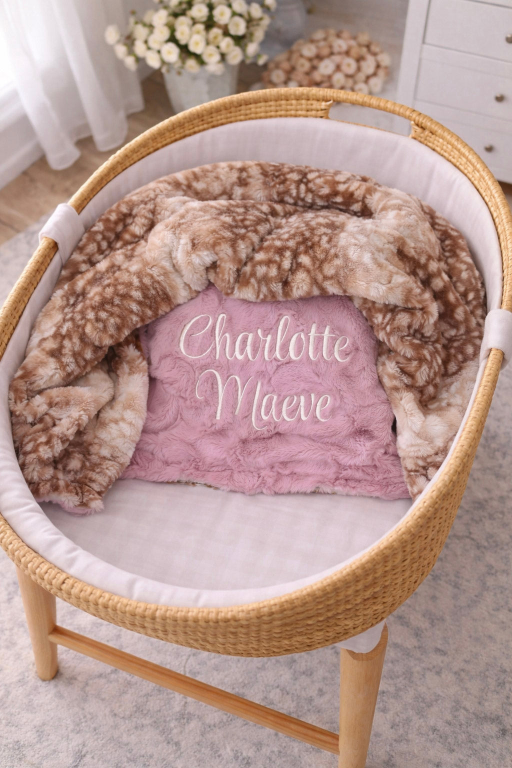 Personalized Fawn Baby Blanket – Pink Minky Custom Name Woodland Blanket for Baby Girl