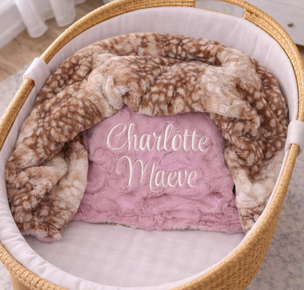 Personalized Fawn Baby Blanket – Pink Minky Custom Name Woodland Blanket for Baby Girl