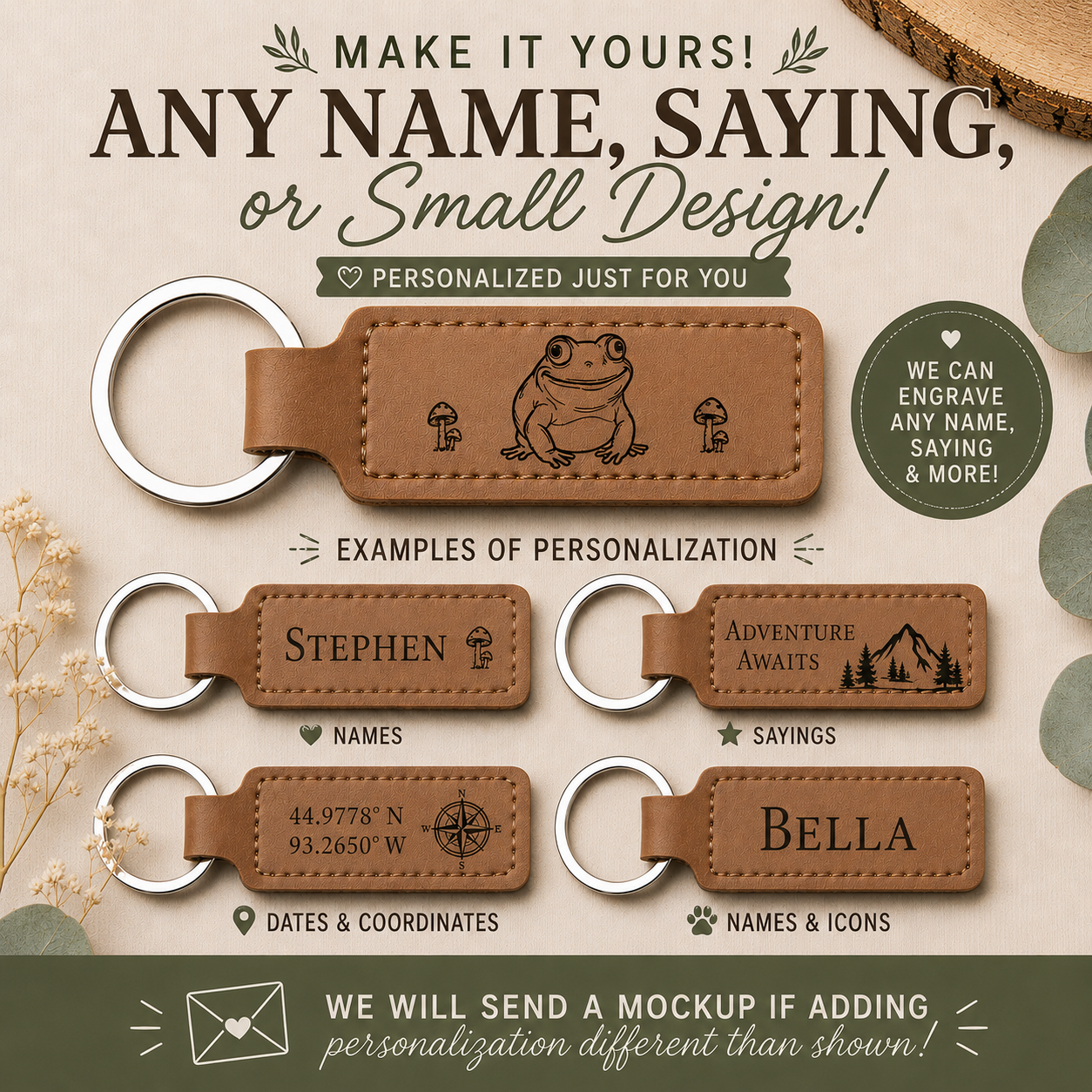 Personalized Frog Leather Keychain | Laser Engraved Faux Leather Keychain