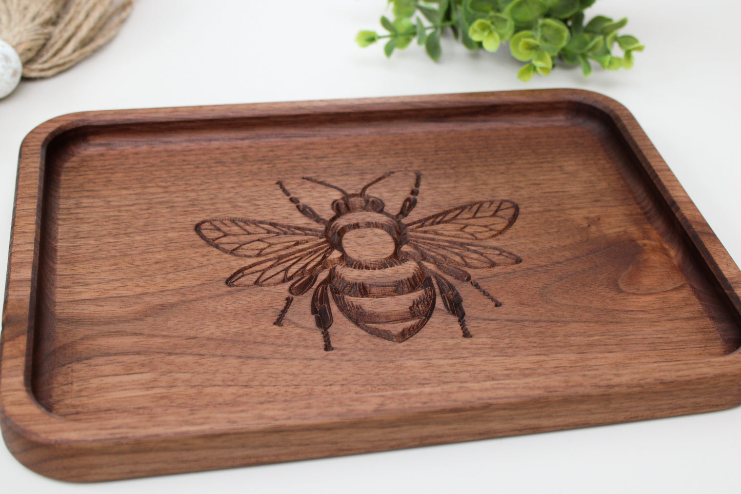 Bee Walnut Handcrafted Catchall Tray for Keys & Wallet