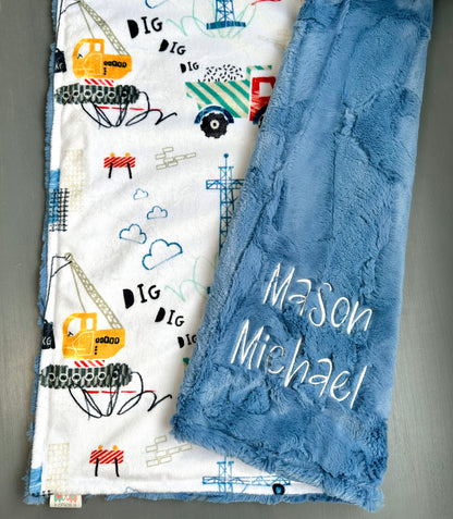 Personalized Construction Baby Blanket with Name | Dump Truck Minky Blanket