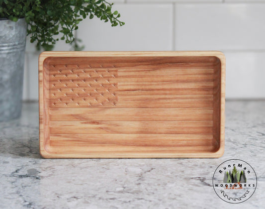 Maple Handcrafted Wood Tray, Wooden Flag Desk Organizer