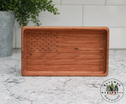 Cherry Handcrafted Wood Tray, Wooden Flag Desk Organizer