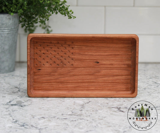 Cherry Handcrafted Wood Tray, Wooden Flag Desk Organizer
