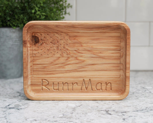 Custom Name Hickory Handcrafted Wood Tray, Wooden Flag Desk Organizer