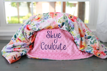 Watercolor Flower Minky Baby Blanket | Personalized Floral Baby Girl Blanket