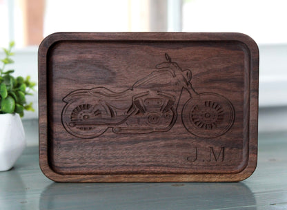 Personalized Engraved Catchall Wood Tray for him, Walnut Wooden Motorcycle Desk Organizer, Personalized Biker Tray