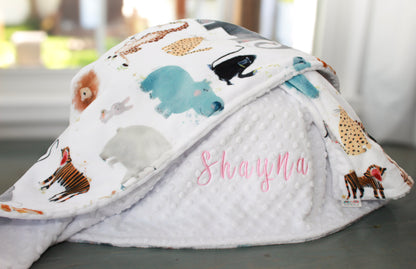 Personalized Baby Blanket, Zoo Animal Friends Minky Baby Blanket
