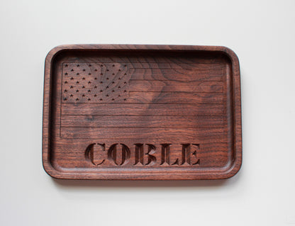Personalized Walnut Handcrafted Wood Tray, Wooden Flag Desk Organizer