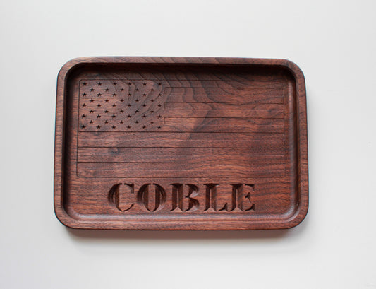 Personalized Walnut Handcrafted Wood Tray, Wooden Flag Desk Organizer