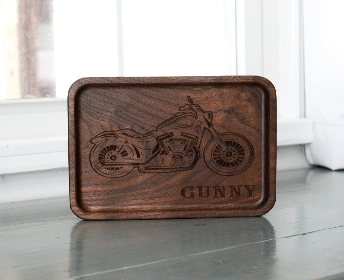 Engraved Catchall Wood Tray, Walnut Wooden Motorcycle Desk Organize