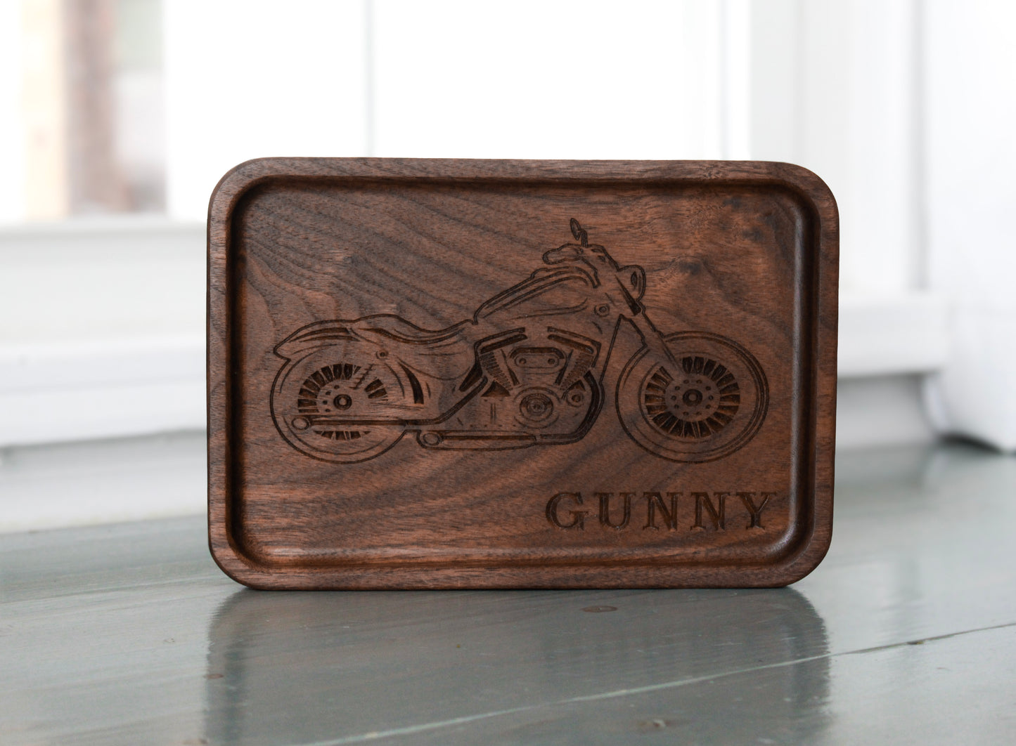 Engraved Catchall Wood Tray, Walnut Wooden Motorcycle Desk Organize
