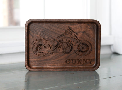 Engraved Catchall Wood Tray, Walnut Wooden Motorcycle Desk Organize
