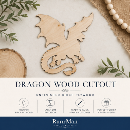 Fantasy Dragon Wood Cutout | Unfinished Birch Plywood Laser Cut Shape for DIY Crafts