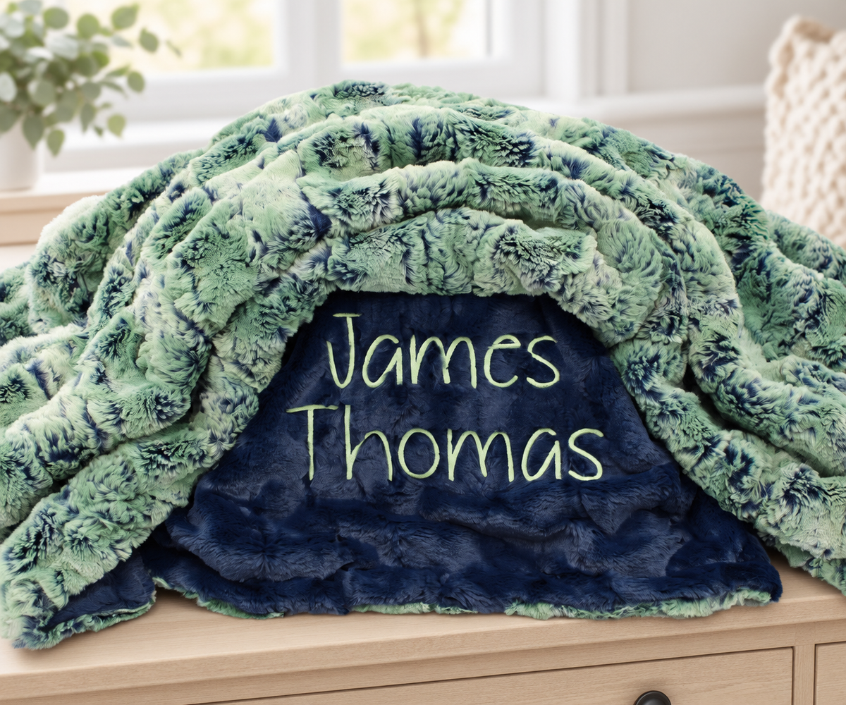 Personalized Green Minky Baby Blanket | Faux Wild Rabbit Minky Blanket With Name | Woodland Baby Boy Gift
