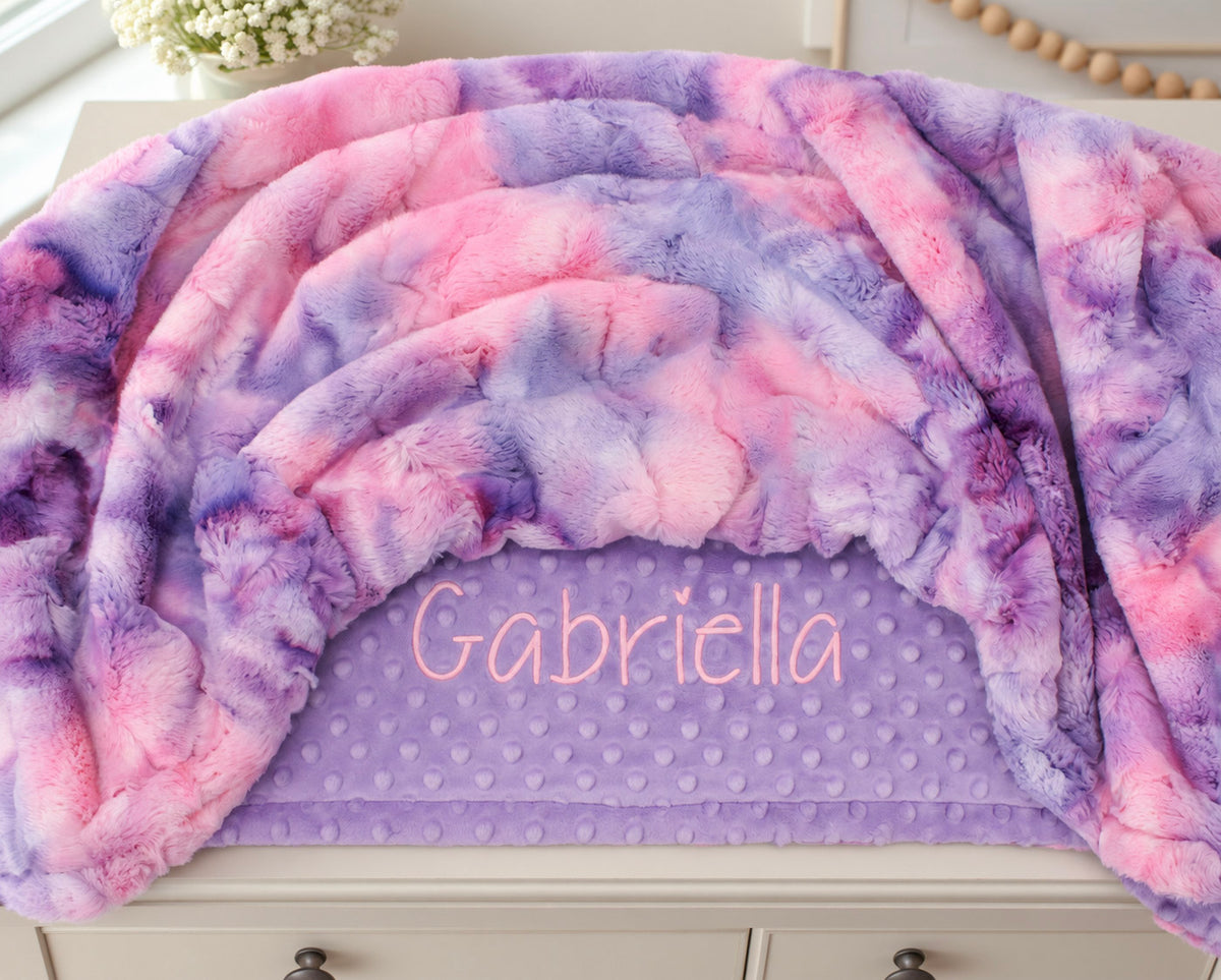 Personalized Pink & Purple Unicorn Minky Blanket – Custom Name Baby Girl Gift