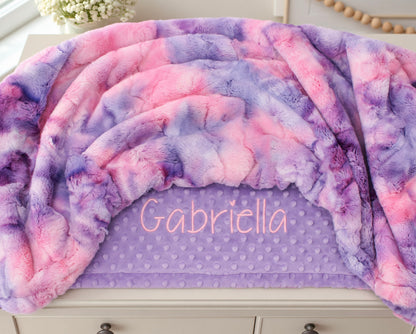 Personalized Pink & Purple Unicorn Minky Blanket – Custom Name Baby Girl Gift