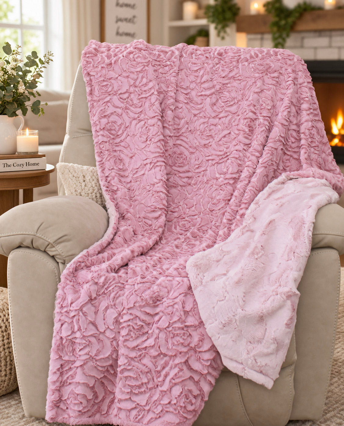 Pink Floral Minky Throw Blanket | Cozy Adult Couch Blanket